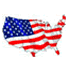 Outline of the United States filled in with the design of the American flag, featuring white stars on a blue field in the northwest and red and white stripes across the rest of the country.
