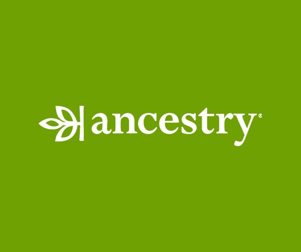 White ancestry logo with a leaf design on the left, centered on a bright green background.