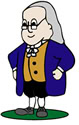 Cartoon illustration of an older man with glasses, long gray hair, wearing a blue coat, yellow vest, white cravat, black pants, and shoes, standing on a green oval.