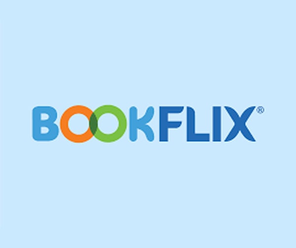 The image shows the word BOOKFLIX on a light blue background. The two Os in BOOK are interlinked, with the first O in blue and the second in green. The rest of the letters are in blue.