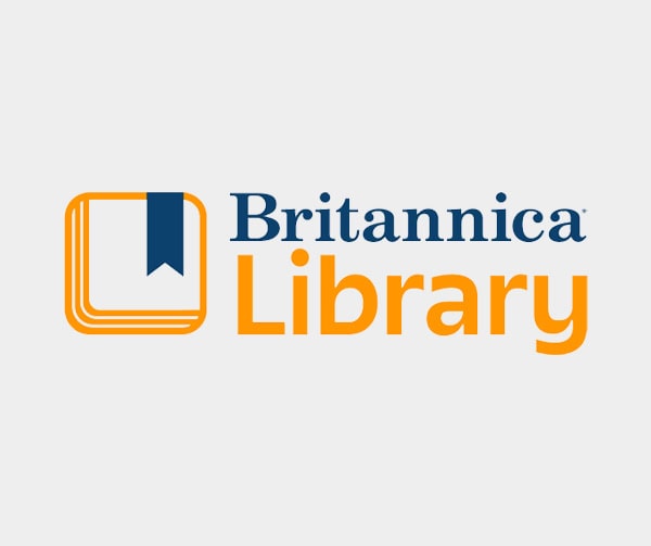 Logo for Britannica Library featuring a stylized book with a blue bookmark, next to the words Britannica Library in blue and orange text on a light background.