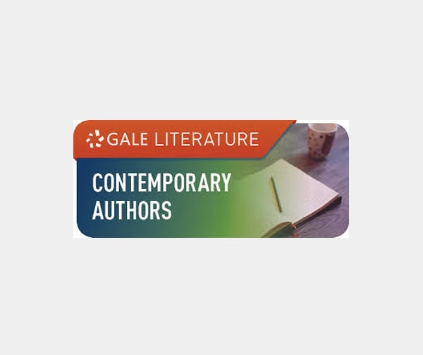A notebook with a pencil and a coffee cup on a wooden table, with the text Gale Literature Contemporary Authors displayed over the image.