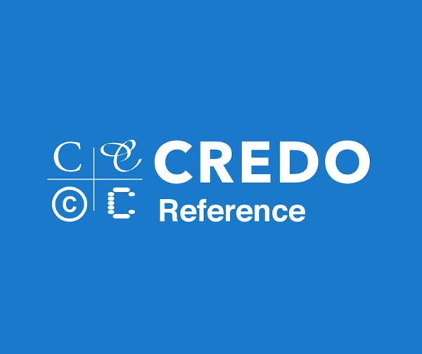 Credo Reference logo on a blue background, featuring stylized letters and symbols forming C and R on the left, with the words CREDO Reference in bold white text on the right.