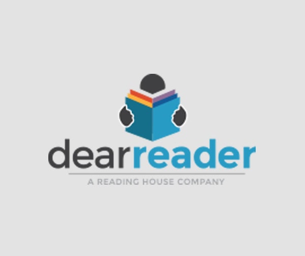 Logo for dearreader. It features a stylized person holding a colorful, open book. The text below reads, A Reading House Company in smaller font. The background is light gray.