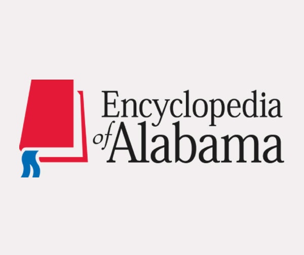 Logo for the Encyclopedia of Alabama featuring a stylized red book with a blue bookmark on the left, next to the text Encyclopedia of Alabama in black font on a white background.