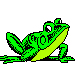 Animated green frog leaning back on one arm, appearing relaxed and smiling, with one leg raised and the other stretched out. The frog has a playful and carefree expression.