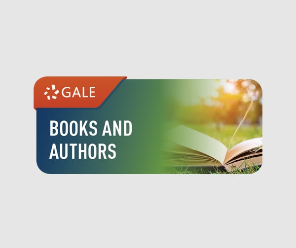A digital banner with the Gale logo, the text Books and Authors, and an open book lying on grass with sunlight in the background.