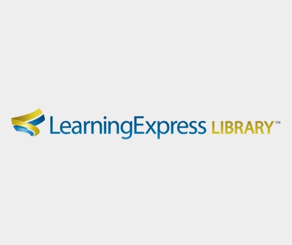 Logo for LearningExpress Library, featuring a yellow and blue abstract icon to the left of the words LearningExpress LIBRARY on a light gray background.