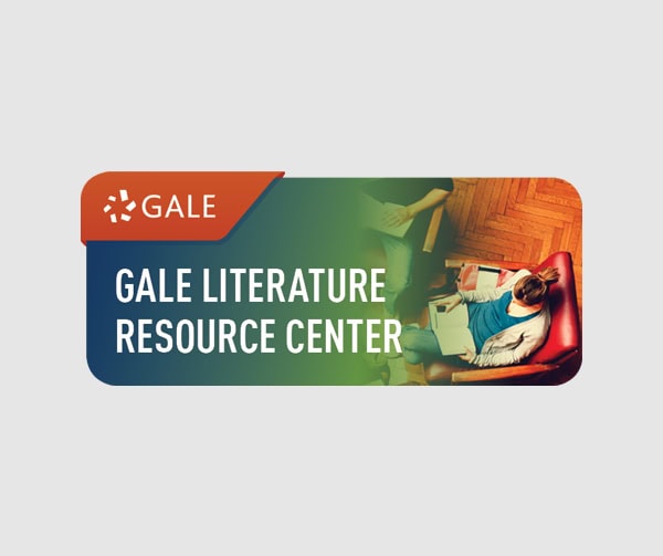 Rectangular banner showing the Gale logo and the text Gale Literature Resource Center over a background of a person reading in a cozy chair with a laptop and books on a small table.