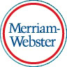 Merriam-Webster logo featuring the words “Merriam-Webster” in blue text within a white circle bordered by a red and blue ring.