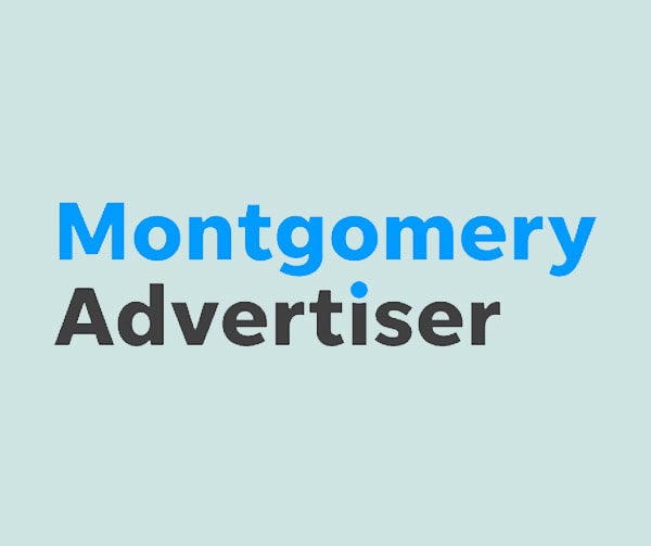 Logo with the words Montgomery Advertiser on a light blue background. Montgomery is in bold blue text and Advertiser is in bold black text below it.