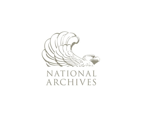 Logo of the National Archives featuring a stylized eagle with layered feathers, facing right, above the words National Archives in capital letters on a white background.