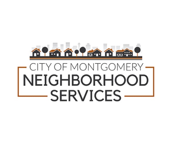Logo for City of Montgomery Neighborhood Services featuring a row of houses, trees, and a city skyline above the text. The words are in bold black and gray letters on a white background.