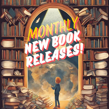 A child stands in a library, surrounded by tall, overflowing bookshelves and scattered books, looking toward a glowing doorway. Bold text reads, “MONTHLY NEW BOOK RELEASES!” above the illuminated entrance.