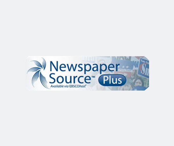 Logo for Newspaper Source Plus, featuring blue text and a stylized swirl graphic, with smaller text reading Available via EBSCOhost and faint images of newspapers in the background.