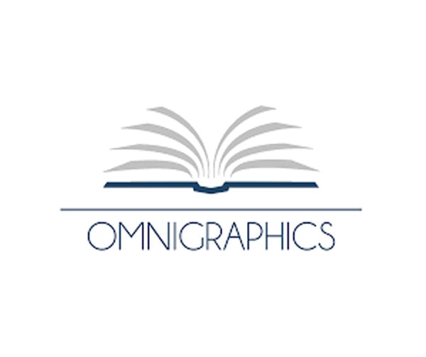 Logo featuring a stylized open book above a horizontal line, with the word OMNIGRAPHICS in uppercase letters below the line on a white background.