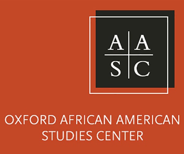 Logo for the Oxford African American Studies Center featuring a black square with the letters AASC, outlined in white, on a red-orange background. The center’s name is written below in white.