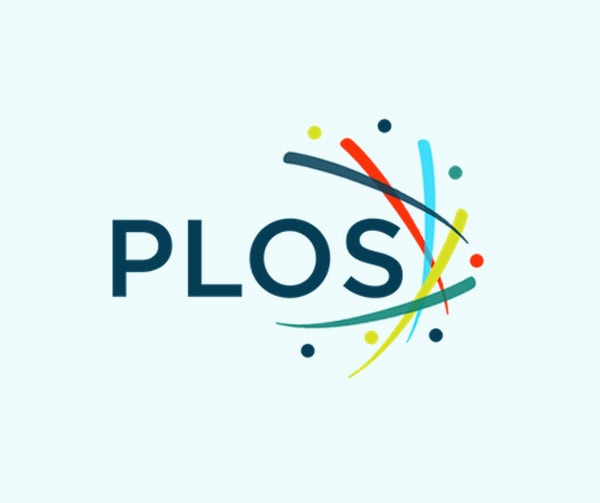 PLOS logo with bold blue letters and colorful curved lines with dots intersecting to the right of the text on a light background.