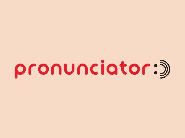 The word pronunciator is written in red lowercase letters on a light beige background. The final letters form a smiley face with sound wave lines, suggesting speech or pronunciation.