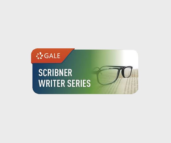 Banner for the Gale Scribner Writer Series, featuring eyeglasses resting on an open book with a blue and green gradient background.