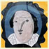 Abstract painting of a person with a pale oval face, dark hair, and a white ruffled collar, set against a yellow and blue background. The style is playful and distorted.