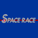 Space Race text in silver letters on a blue background, with a red line running horizontally through the middle and a NASA logo in the letter S.
