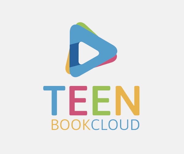 Logo with a triangular play button in blue, green, and pink above the words TEEN BOOKCLOUD. TEEN is in large, colorful letters, and BOOKCLOUD is in smaller yellow and blue text.