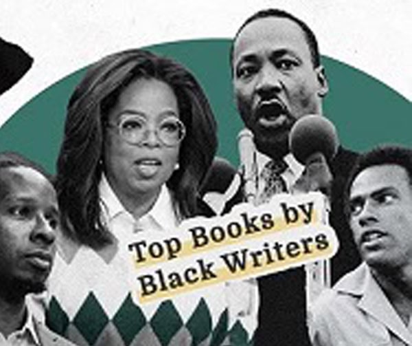 A collage of prominent Black figures, including a woman in glasses and three men, with the text Top Books by Black Writers overlaying the image.