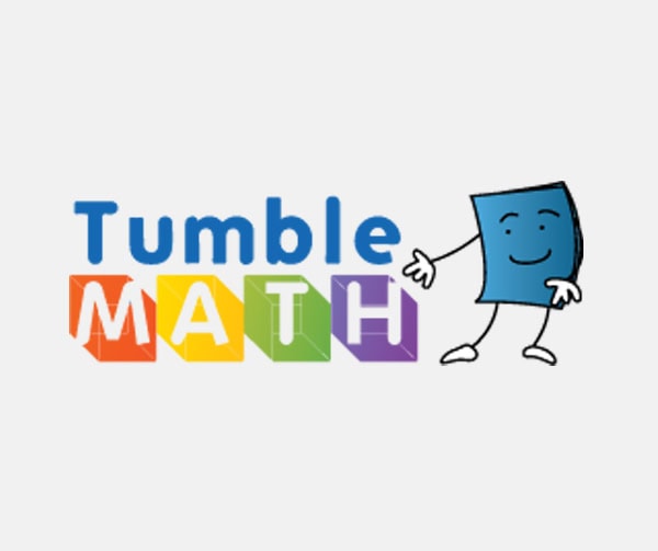Logo for TumbleMath featuring the word Tumble in blue and MATH in colorful blocks, with a smiling blue square character with arms and legs waving on the right.