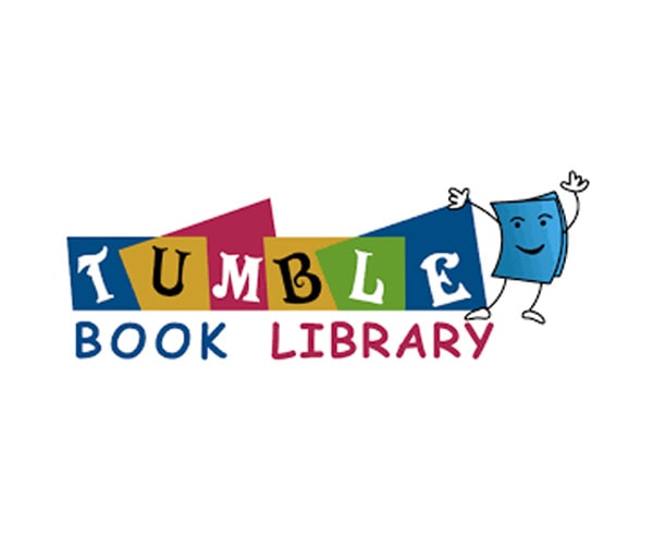 The TumbleBook Library logo features colorful blocks spelling TUMBLE with a smiling book character waving, and the words BOOK LIBRARY below in blue and pink letters.