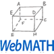 A hand-drawn rectangular prism labeled with points A, B, C, D, E, F, G, and H at its vertices. Below the prism, the word WebMATH is written in blue and black letters.