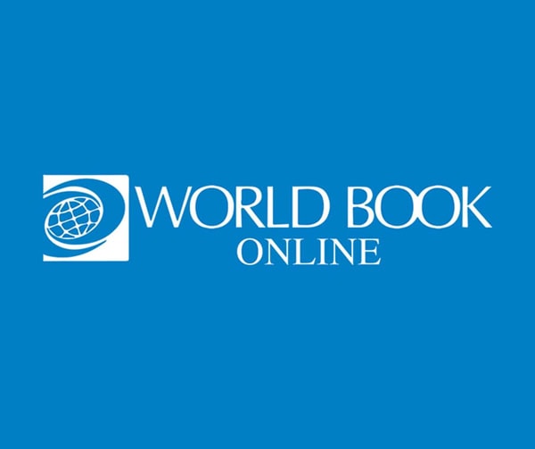 World Book Online logo on a blue background, featuring a white globe icon in a square next to the words World Book Online in white text.